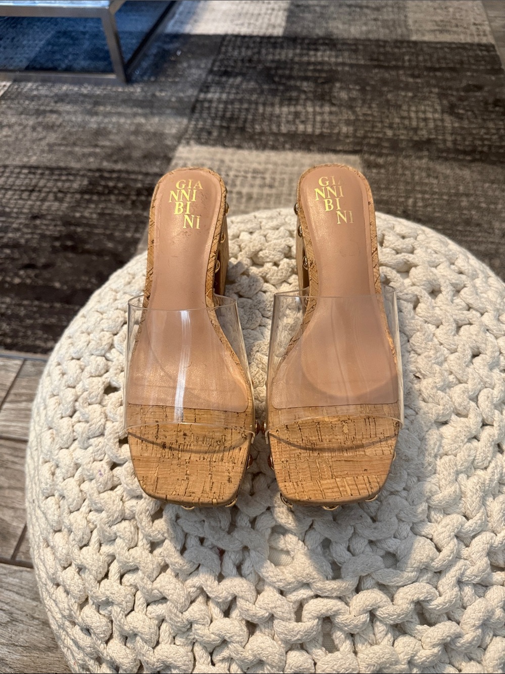 Gianni Bini Clear PVC Cork Platform Mules - Nude Tan. Used once. Very good